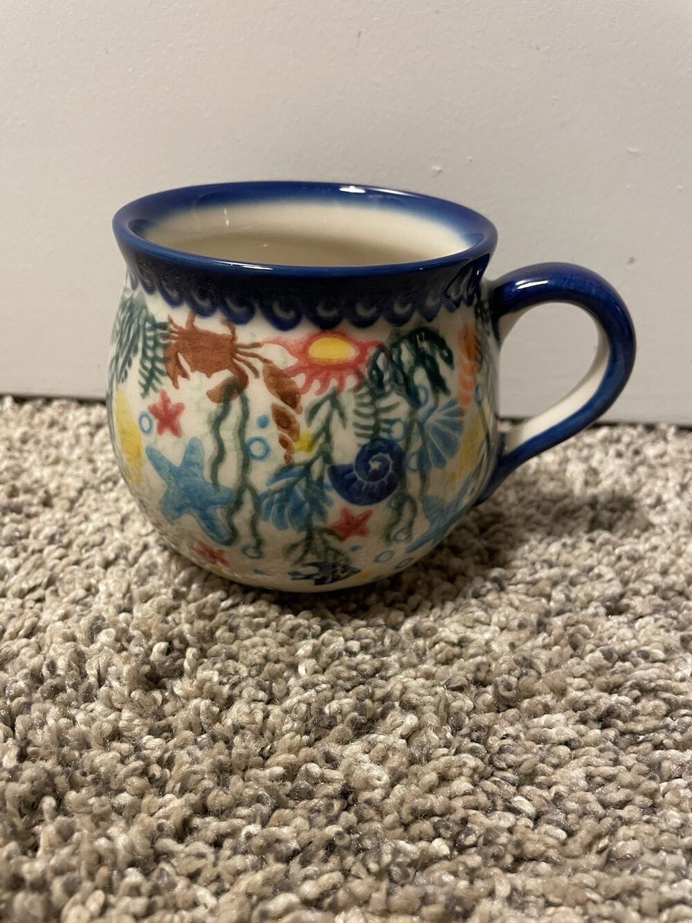 Vena Polish Pottery Ocean Fish Bubble Mug Artisan Table Poland Signed Under Sea